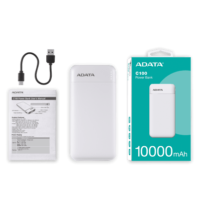 Batería Portátil Power Bank ADATA C100 10000mAh | 2 Puertos USB + USB-C | Blanca